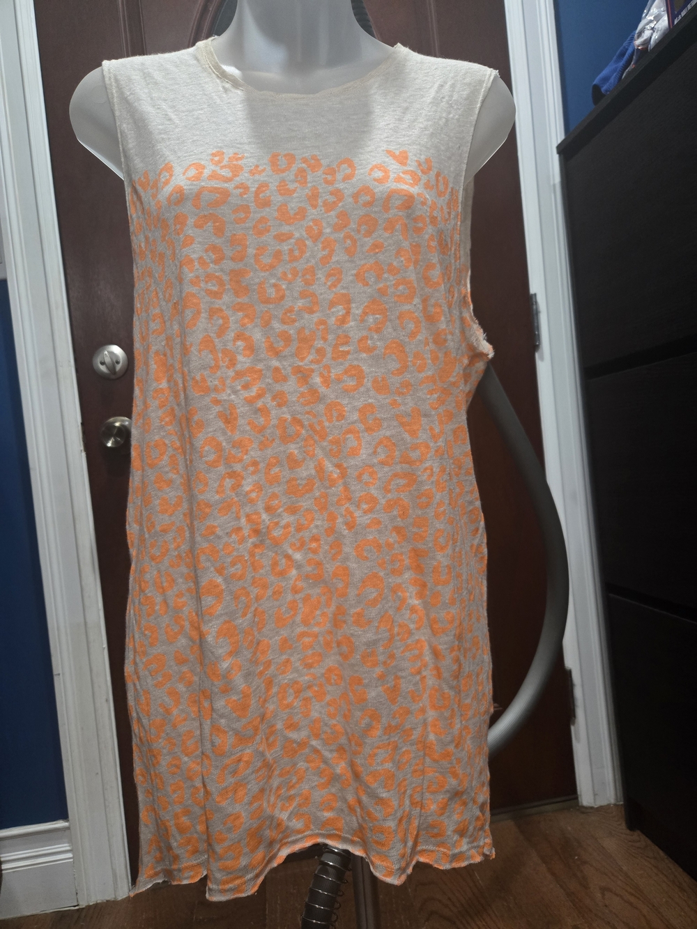 Zara Collection Cream Tunic Tank with Neon Orange Leopard Print, Small